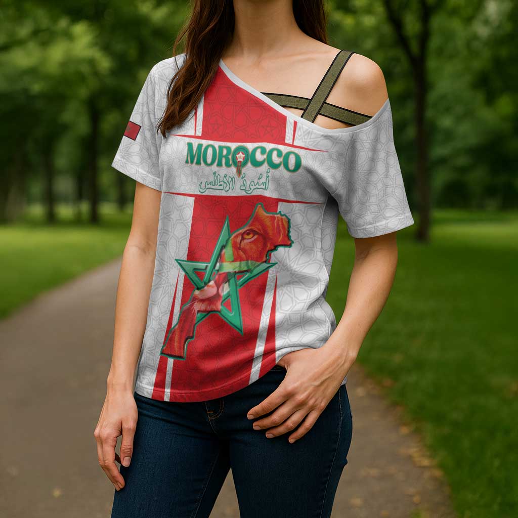Custom Morocco Football Cross Shoulder Shirt Go Champions Atlas Lions - White - Wonder Print Shop