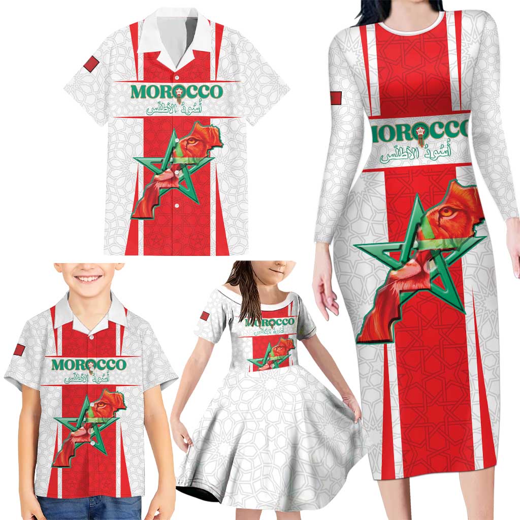 Custom Morocco Football Family Matching Long Sleeve Bodycon Dress and Hawaiian Shirt Go Champions Atlas Lions - White - Wonder Print Shop