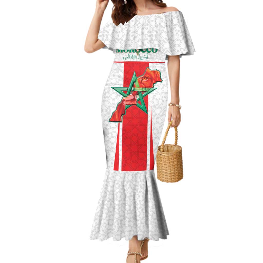 Custom Morocco Football Family Matching Mermaid Dress and Hawaiian Shirt Go Champions Atlas Lions - White - Wonder Print Shop