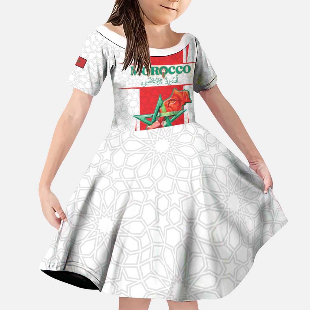 Custom Morocco Football Family Matching Off The Shoulder Long Sleeve Dress and Hawaiian Shirt Go Champions Atlas Lions - White - Wonder Print Shop