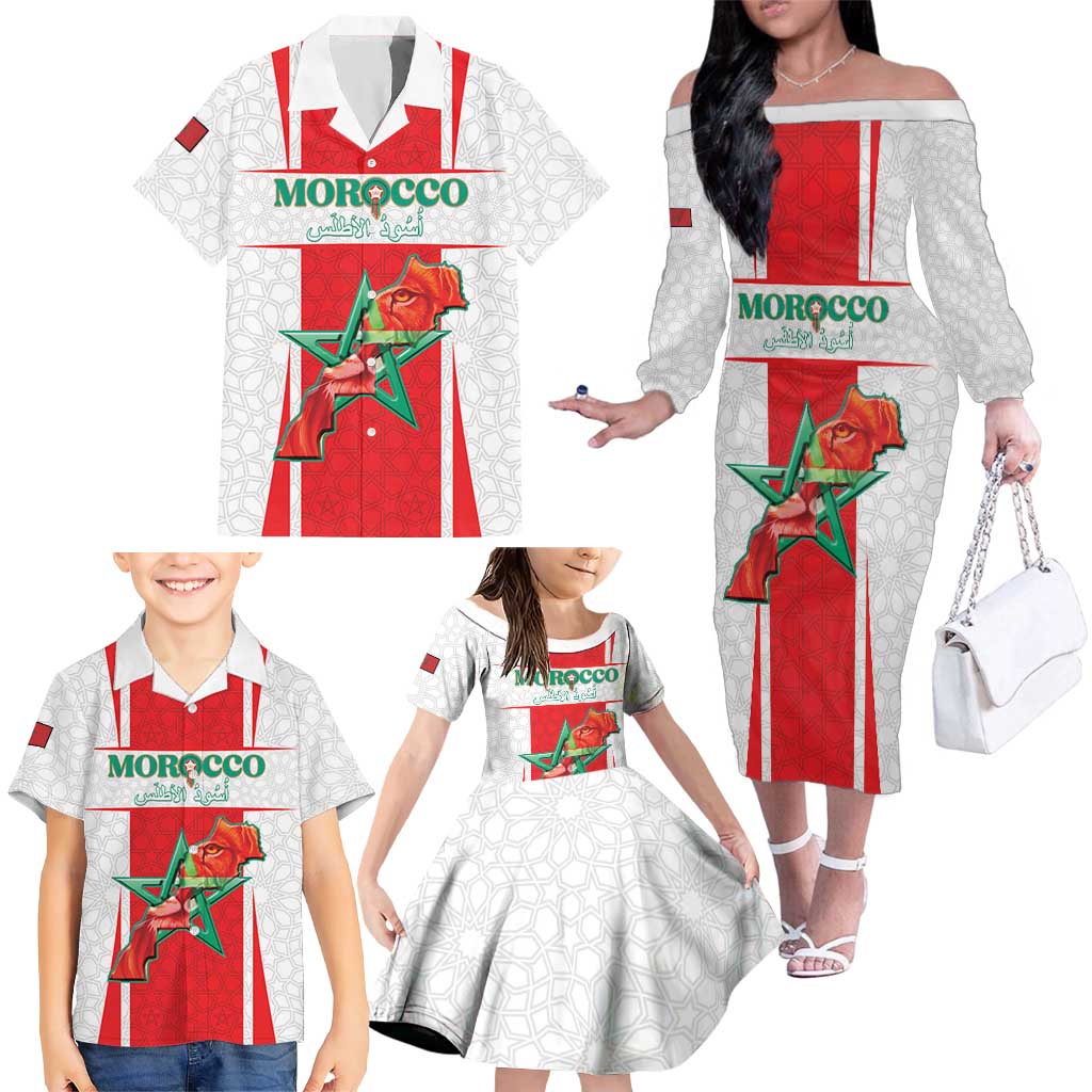 Custom Morocco Football Family Matching Off The Shoulder Long Sleeve Dress and Hawaiian Shirt Go Champions Atlas Lions - White - Wonder Print Shop