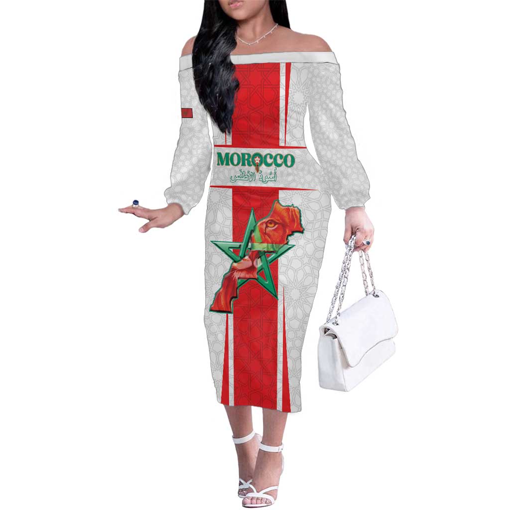 Custom Morocco Football Family Matching Off The Shoulder Long Sleeve Dress and Hawaiian Shirt Go Champions Atlas Lions - White - Wonder Print Shop