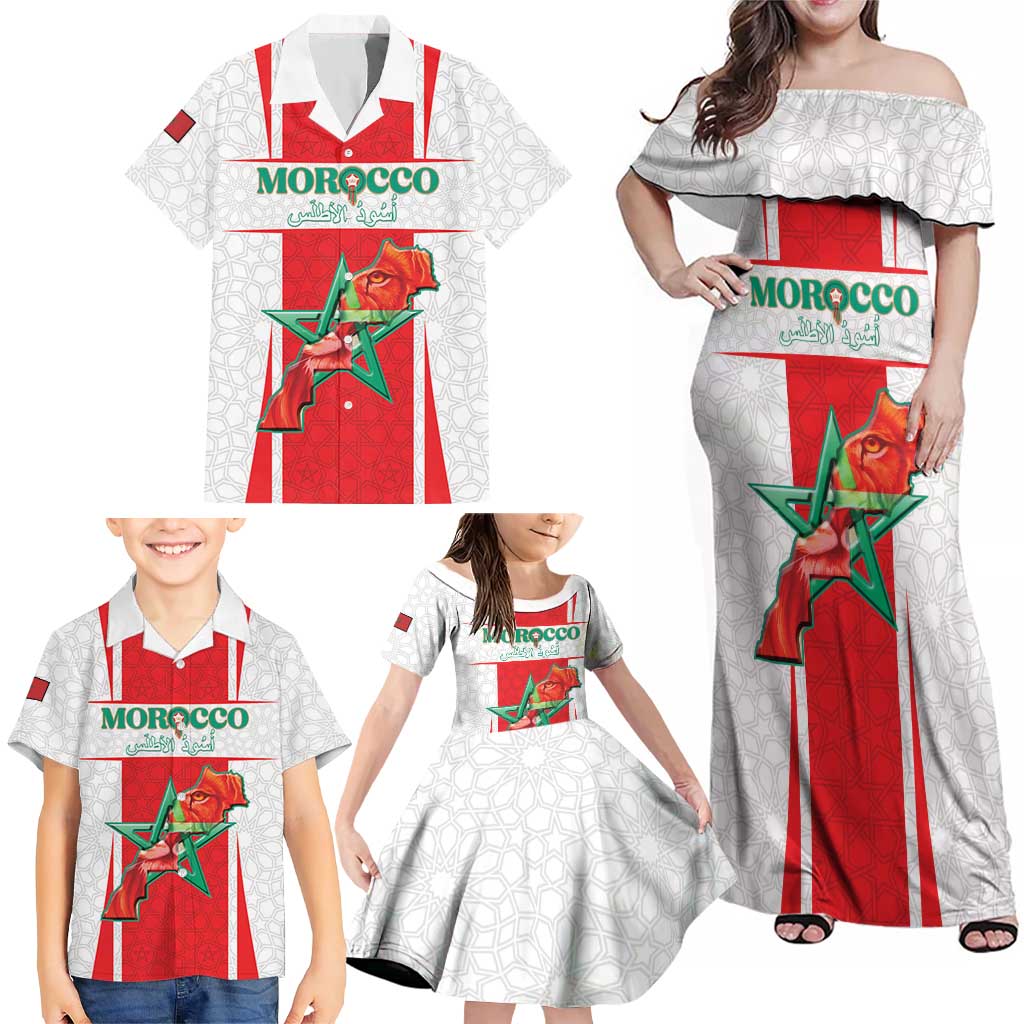 Custom Morocco Football Family Matching Off Shoulder Maxi Dress and Hawaiian Shirt Go Champions Atlas Lions - White - Wonder Print Shop