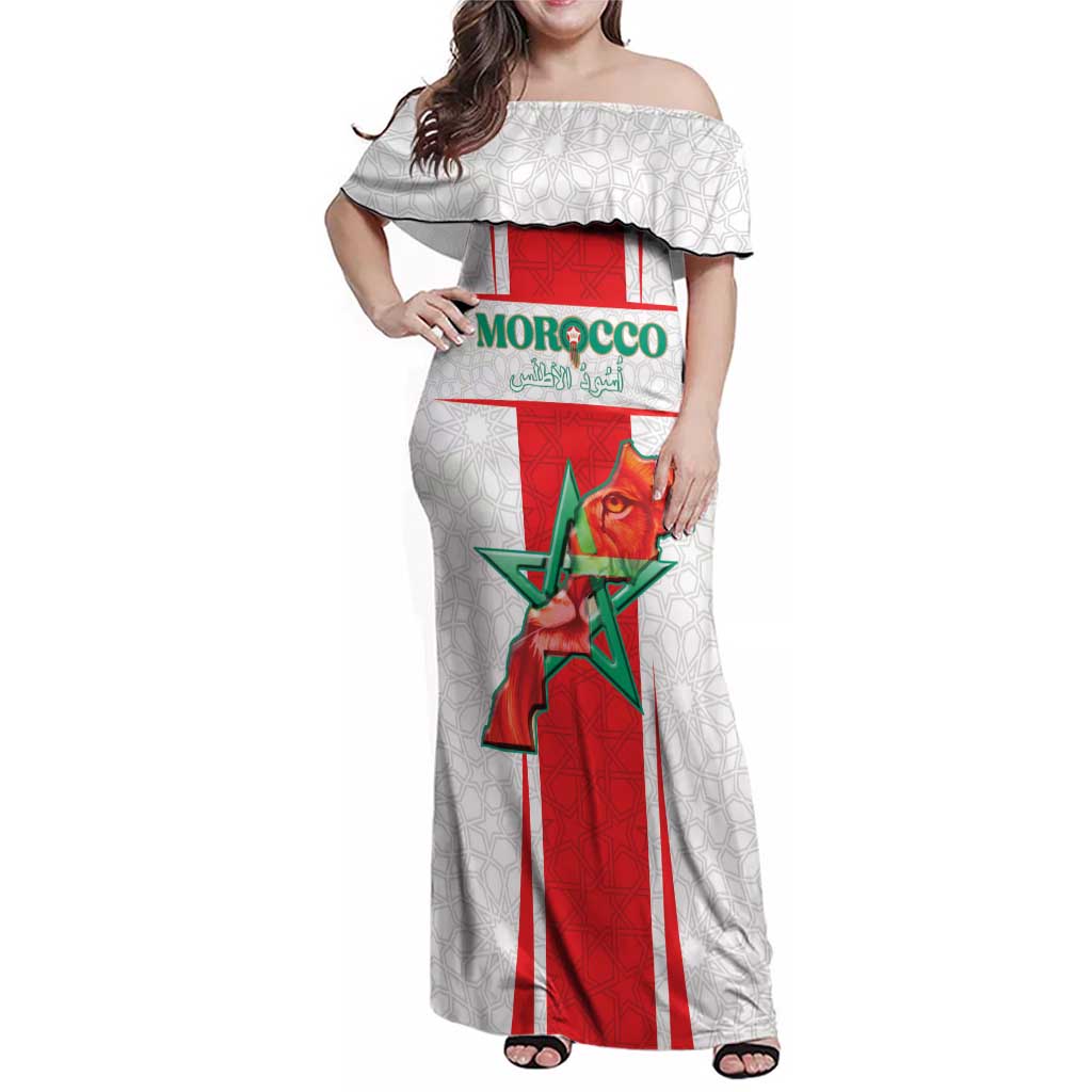 Custom Morocco Football Family Matching Off Shoulder Maxi Dress and Hawaiian Shirt Go Champions Atlas Lions - White - Wonder Print Shop