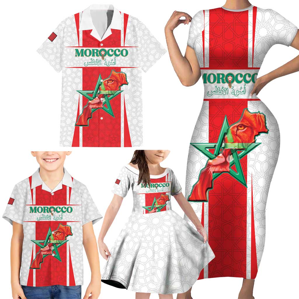 Custom Morocco Football Family Matching Short Sleeve Bodycon Dress and Hawaiian Shirt Go Champions Atlas Lions - White - Wonder Print Shop