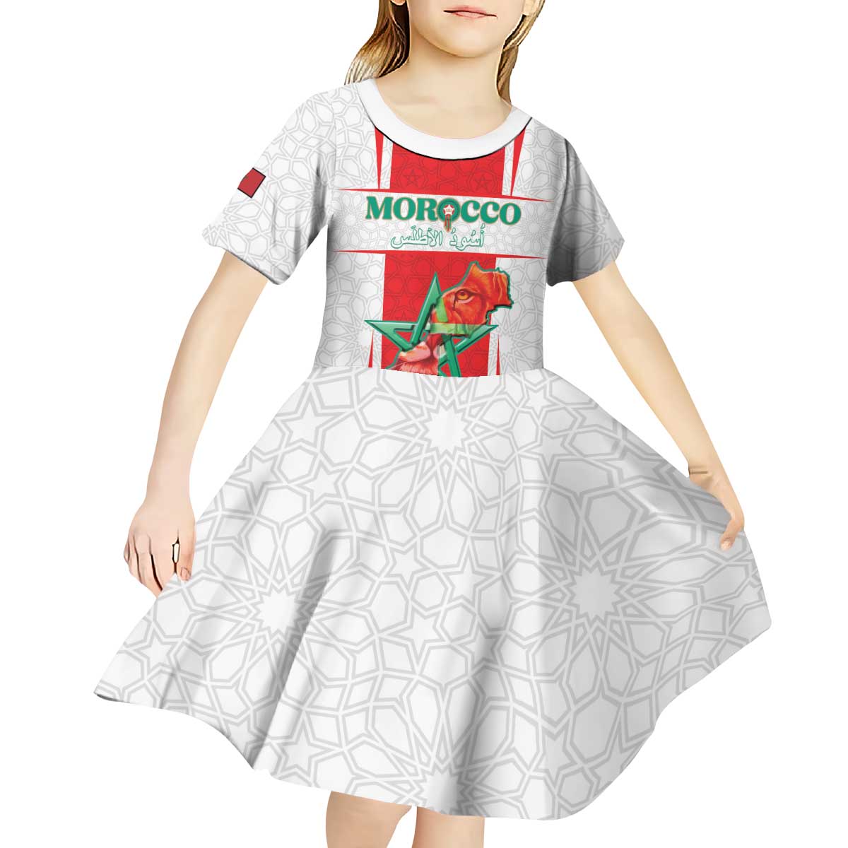 Custom Morocco Football Kid Short Sleeve Dress Go Champions Atlas Lions - White - Wonder Print Shop