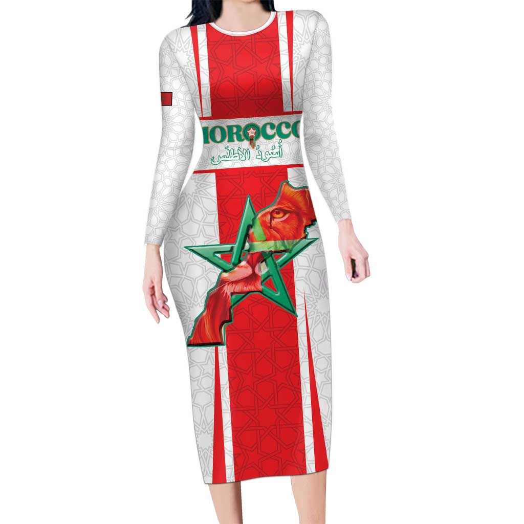 Custom Morocco Football Long Sleeve Bodycon Dress Go Champions Atlas Lions - White - Wonder Print Shop