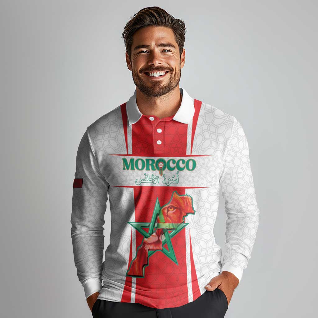 Custom Morocco Football Long Sleeve Polo Shirt Go Champions Atlas Lions - White - Wonder Print Shop