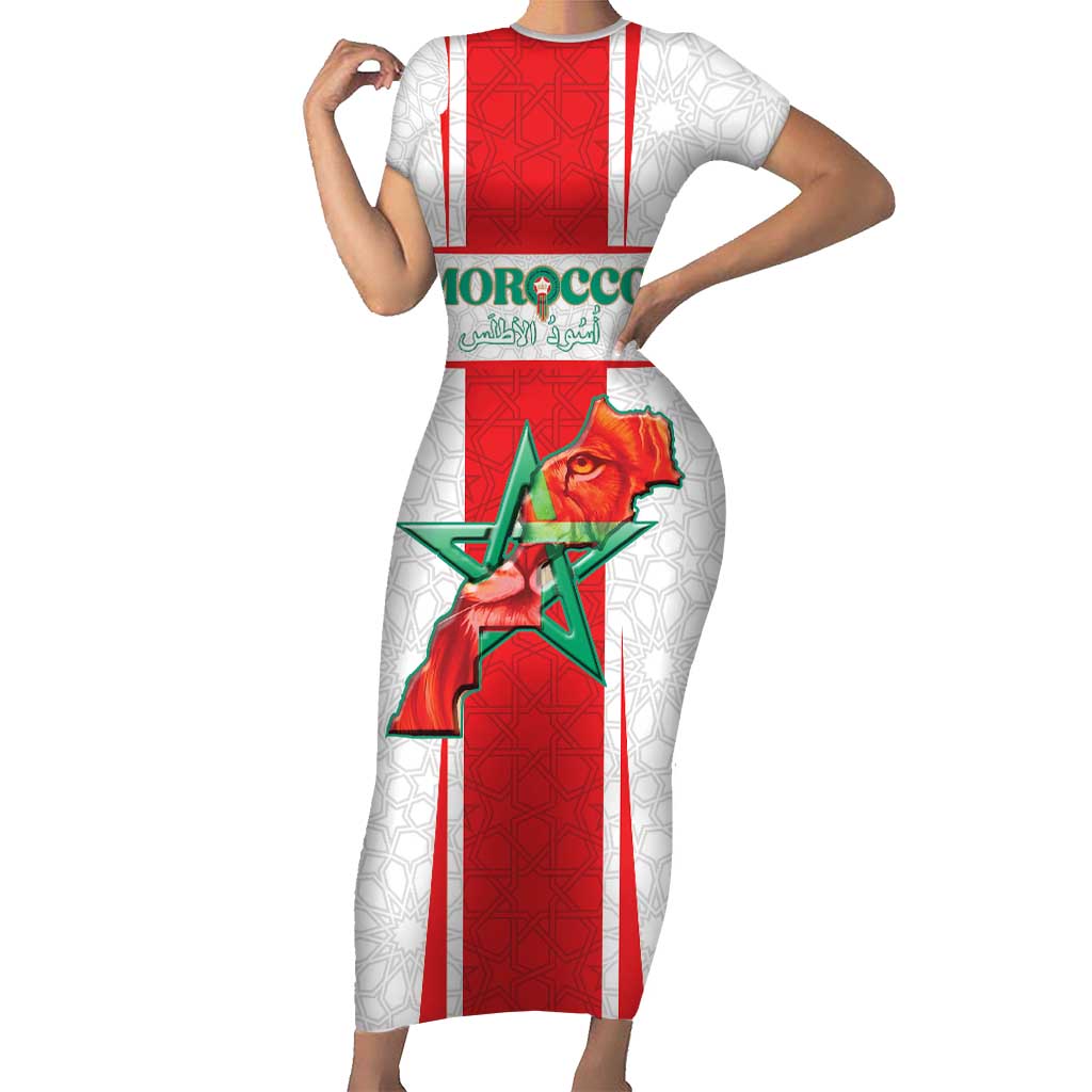 Custom Morocco Football Short Sleeve Bodycon Dress Go Champions Atlas Lions - White - Wonder Print Shop