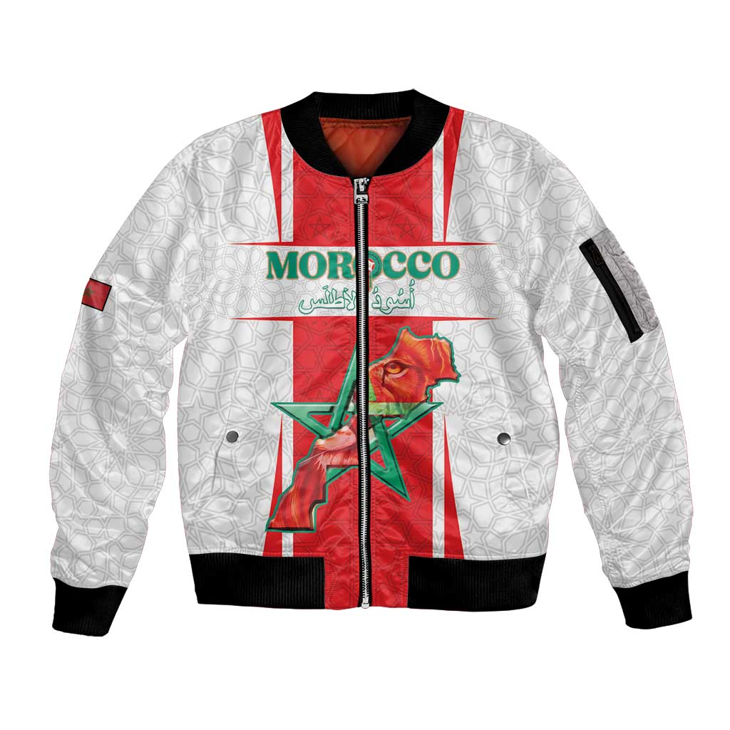 Custom Morocco Football Sleeve Zip Bomber Jacket Go Champions Atlas Lions - White - Wonder Print Shop