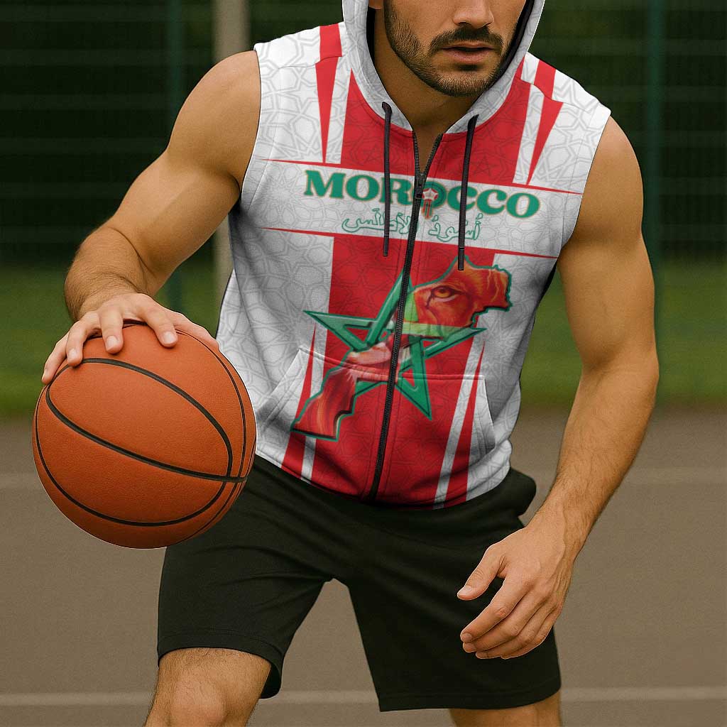 Custom Morocco Football Sleeveless Zip Hoodie Go Champions Atlas Lions - White - Wonder Print Shop