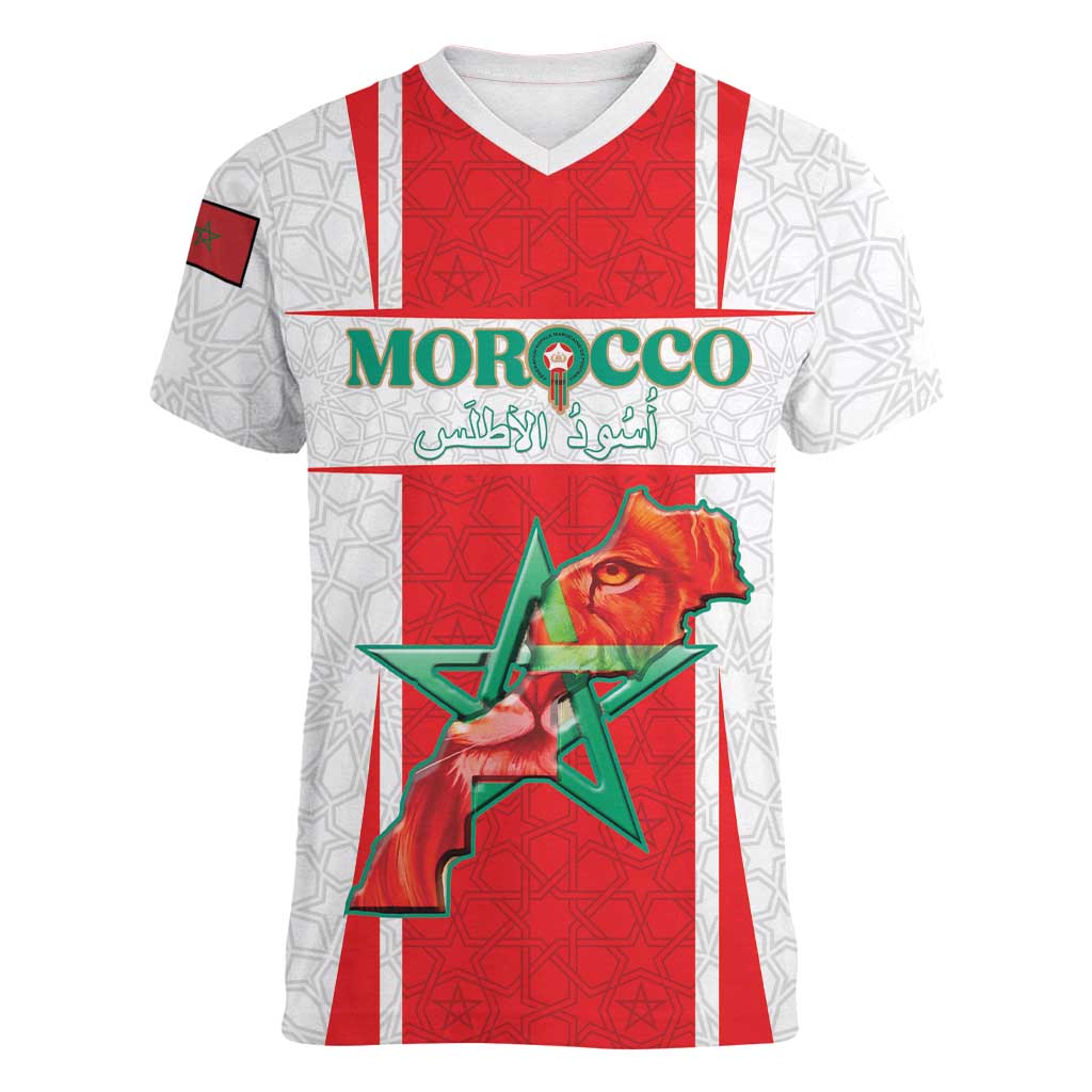 Custom Morocco Football Women V-Neck T-Shirt Go Champions Atlas Lions - White - Wonder Print Shop
