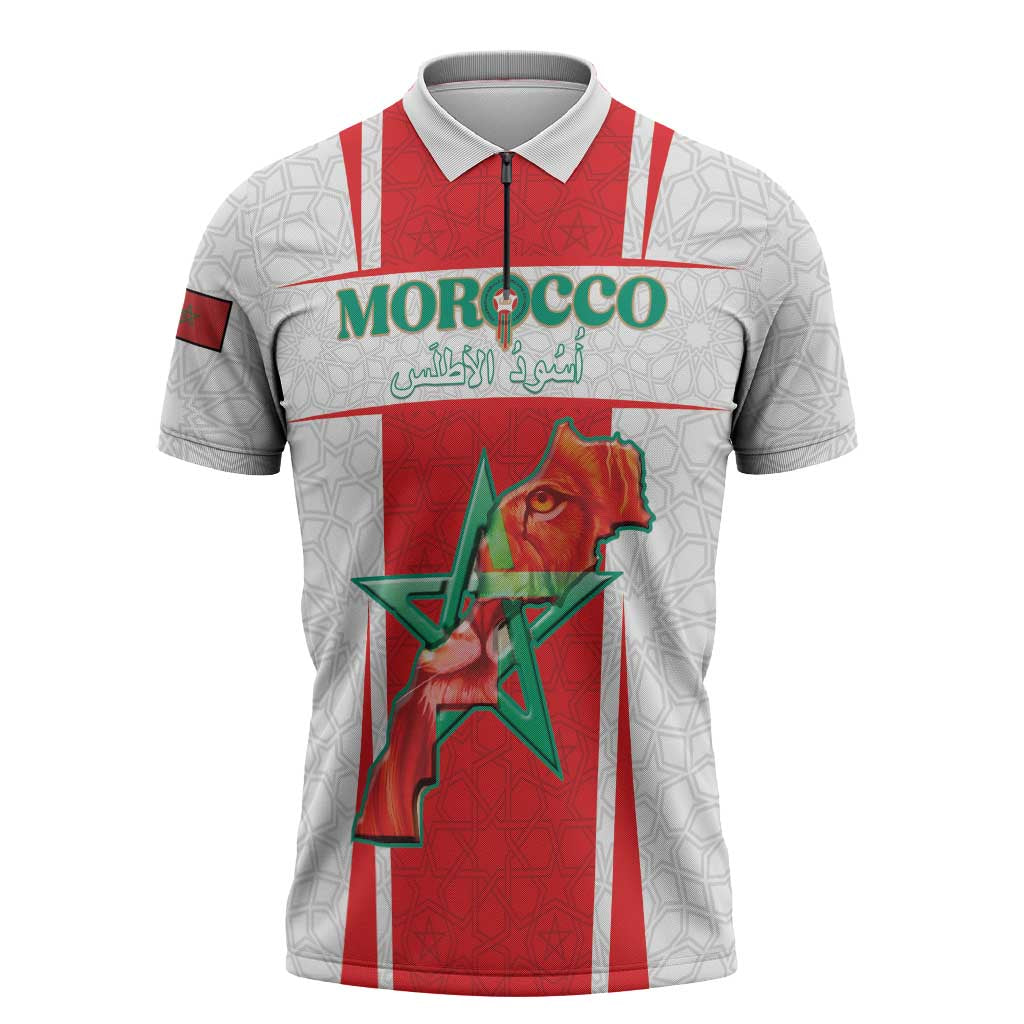 Custom Morocco Football Zipper Polo Shirt Go Champions Atlas Lions - White - Wonder Print Shop