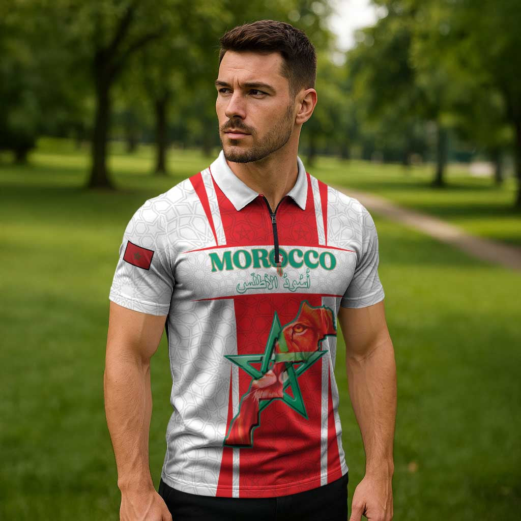 Custom Morocco Football Zipper Polo Shirt Go Champions Atlas Lions - White - Wonder Print Shop