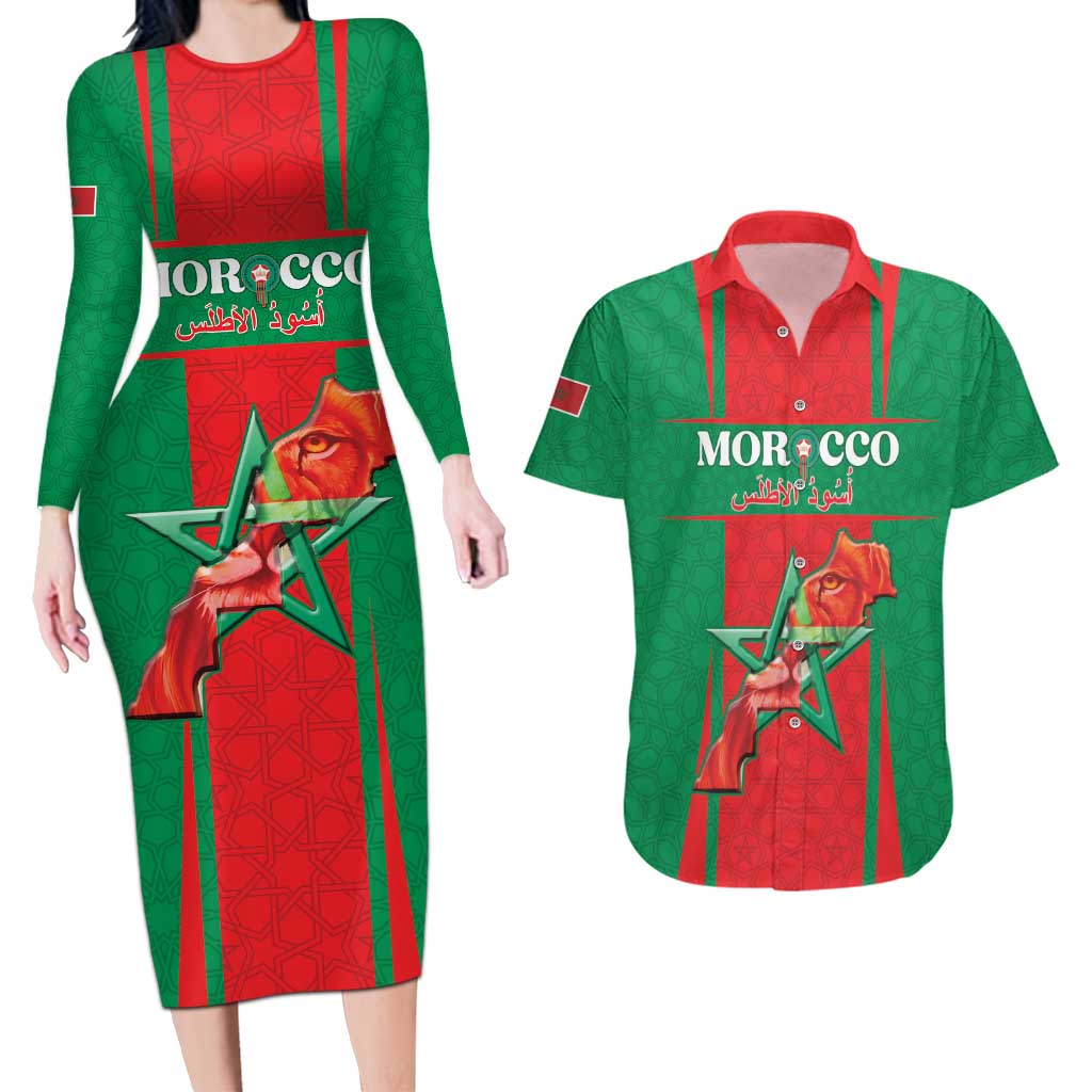 Custom Morocco Football Couples Matching Long Sleeve Bodycon Dress and Hawaiian Shirt Go Champions Atlas Lions - Red - Wonder Print Shop