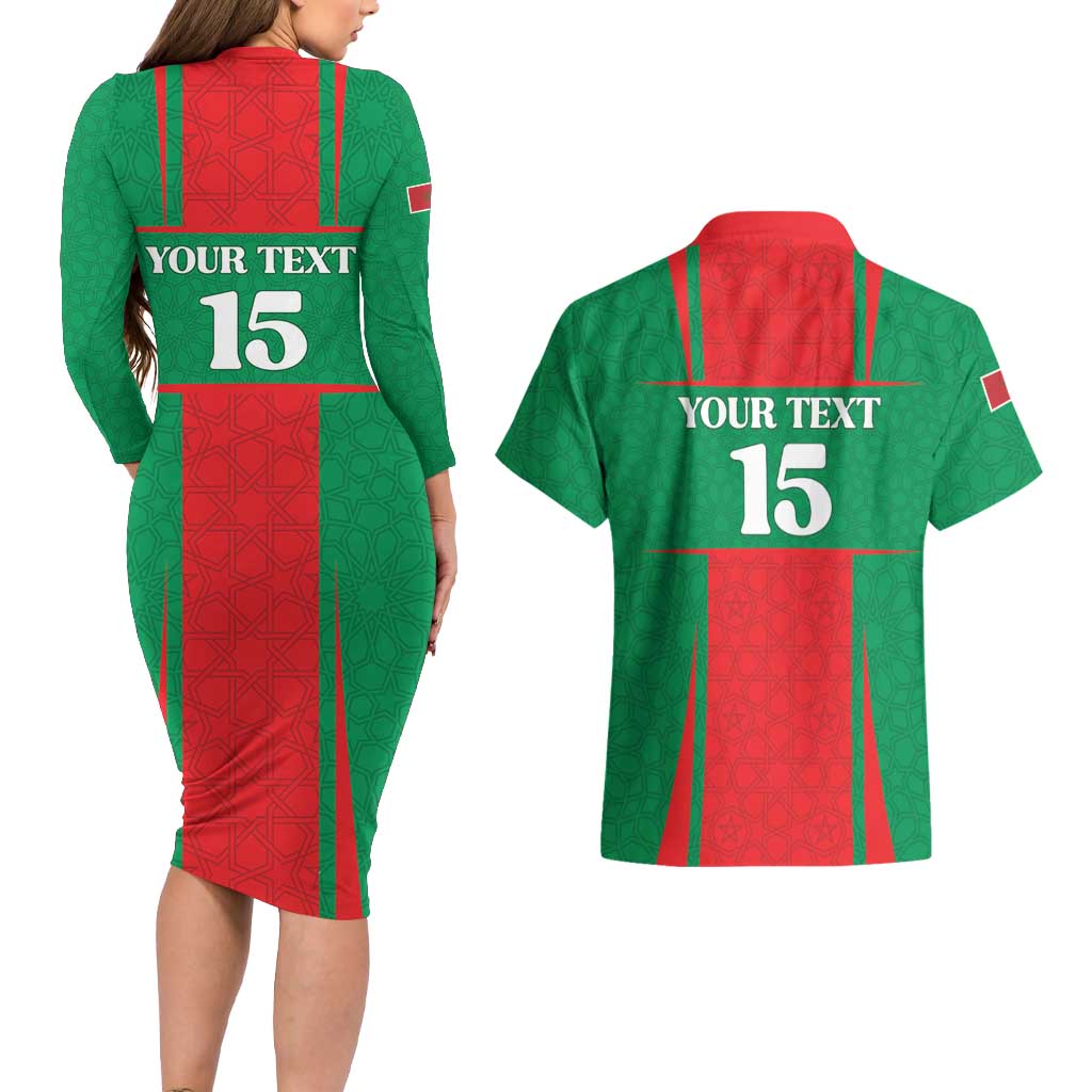 Custom Morocco Football Couples Matching Long Sleeve Bodycon Dress and Hawaiian Shirt Go Champions Atlas Lions - Red - Wonder Print Shop