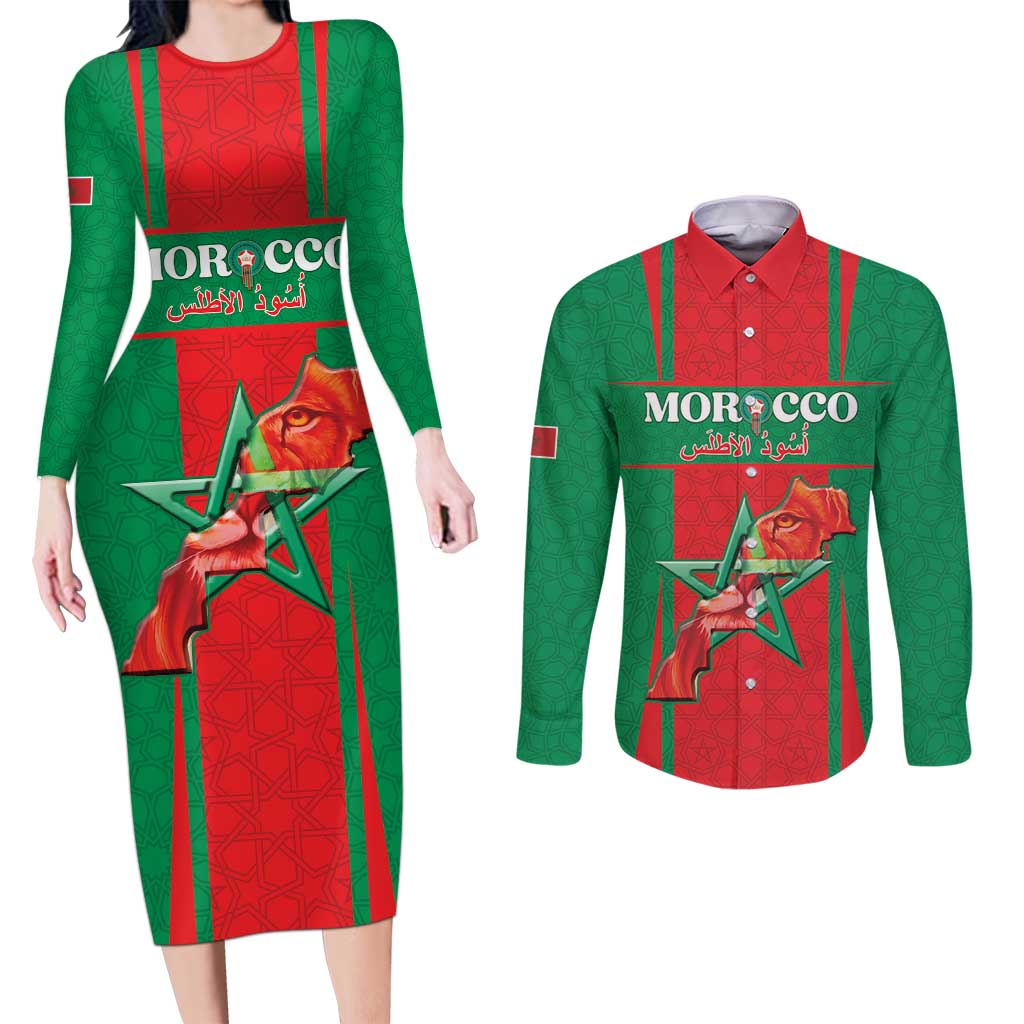 Custom Morocco Football Couples Matching Long Sleeve Bodycon Dress and Long Sleeve Button Shirt Go Champions Atlas Lions - Red - Wonder Print Shop