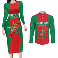 Custom Morocco Football Couples Matching Long Sleeve Bodycon Dress and Long Sleeve Button Shirt Go Champions Atlas Lions - Red - Wonder Print Shop