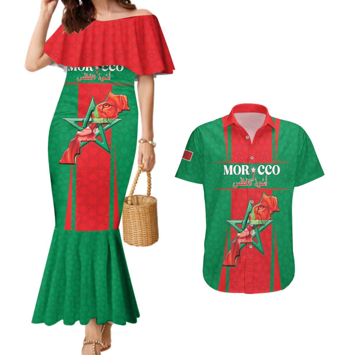 Custom Morocco Football Couples Matching Mermaid Dress and Hawaiian Shirt Go Champions Atlas Lions - Red - Wonder Print Shop