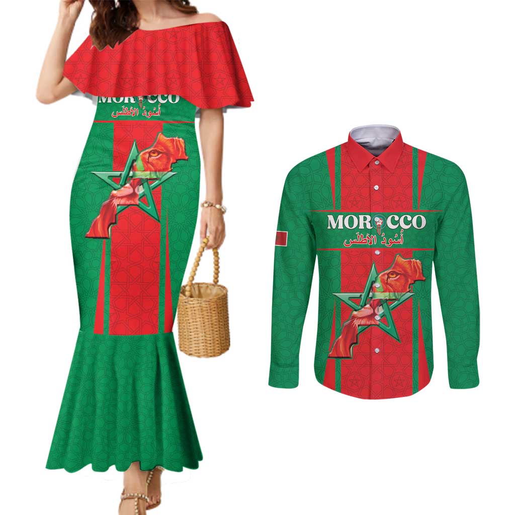 Custom Morocco Football Couples Matching Mermaid Dress and Long Sleeve Button Shirt Go Champions Atlas Lions - Red - Wonder Print Shop