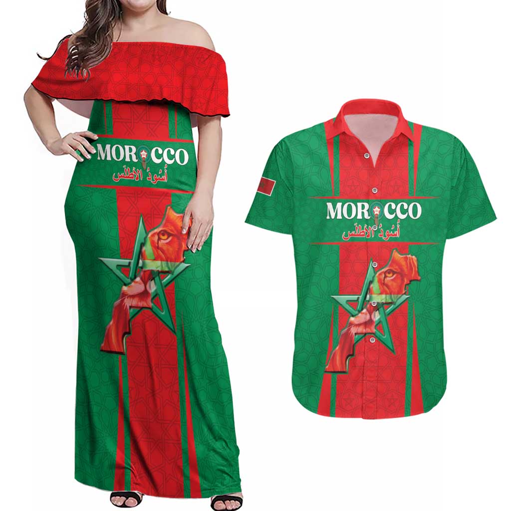 Custom Morocco Football Couples Matching Off Shoulder Maxi Dress and Hawaiian Shirt Go Champions Atlas Lions - Red - Wonder Print Shop