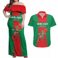 Custom Morocco Football Couples Matching Off Shoulder Maxi Dress and Hawaiian Shirt Go Champions Atlas Lions - Red - Wonder Print Shop