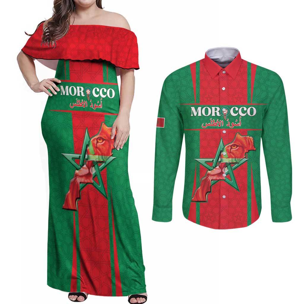 Custom Morocco Football Couples Matching Off Shoulder Maxi Dress and Long Sleeve Button Shirt Go Champions Atlas Lions - Red - Wonder Print Shop