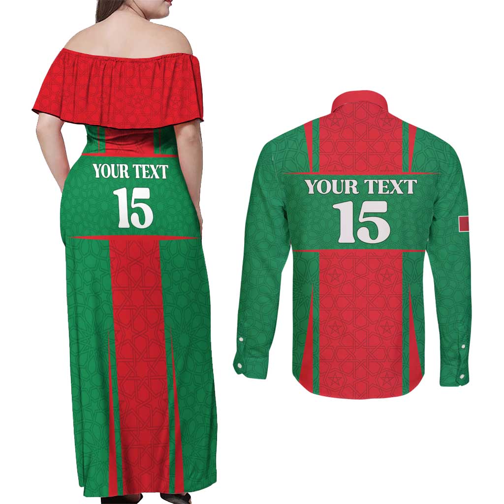 Custom Morocco Football Couples Matching Off Shoulder Maxi Dress and Long Sleeve Button Shirt Go Champions Atlas Lions - Red - Wonder Print Shop