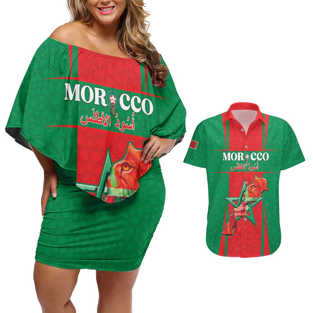 Custom Morocco Football Couples Matching Off Shoulder Short Dress and Hawaiian Shirt Go Champions Atlas Lions - Red - Wonder Print Shop