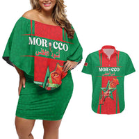 Custom Morocco Football Couples Matching Off Shoulder Short Dress and Hawaiian Shirt Go Champions Atlas Lions - Red - Wonder Print Shop