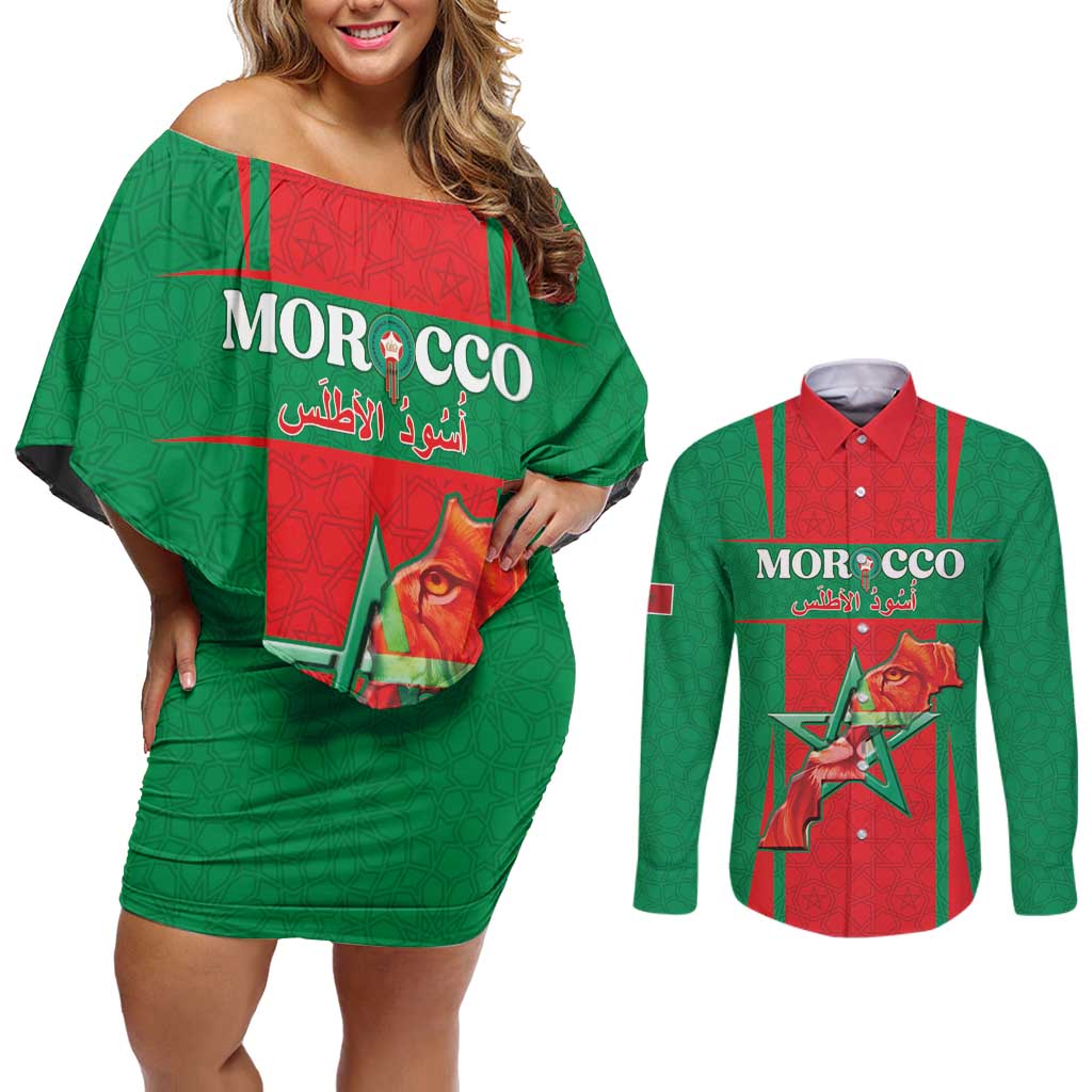 Custom Morocco Football Couples Matching Off Shoulder Short Dress and Long Sleeve Button Shirt Go Champions Atlas Lions - Red - Wonder Print Shop