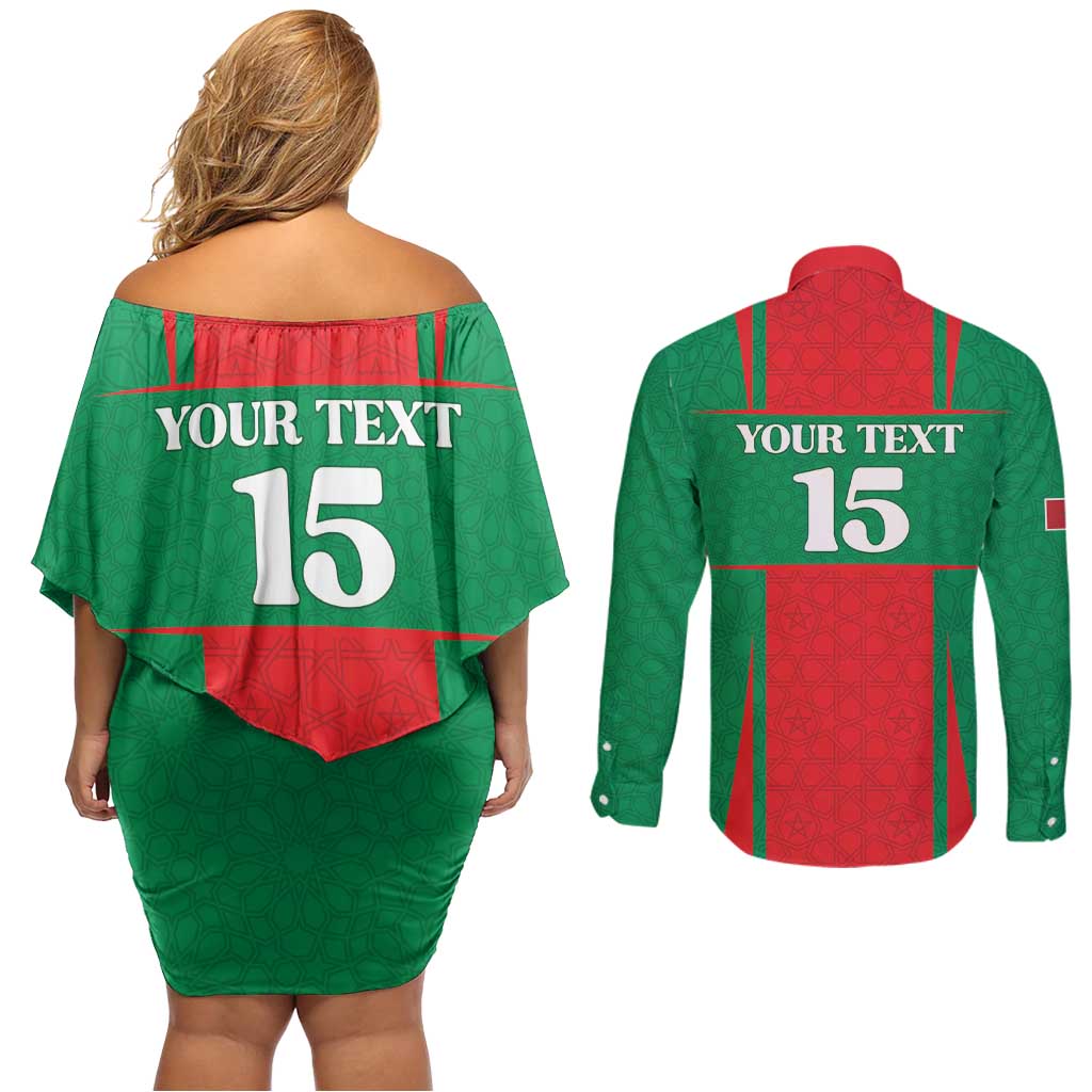 Custom Morocco Football Couples Matching Off Shoulder Short Dress and Long Sleeve Button Shirt Go Champions Atlas Lions - Red - Wonder Print Shop
