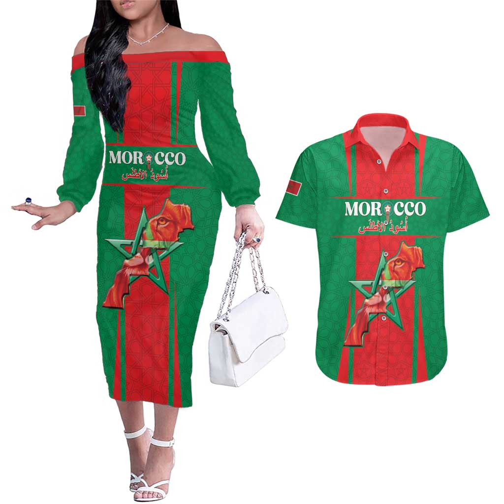Custom Morocco Football Couples Matching Off The Shoulder Long Sleeve Dress and Hawaiian Shirt Go Champions Atlas Lions - Red - Wonder Print Shop