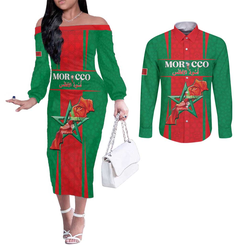 Custom Morocco Football Couples Matching Off The Shoulder Long Sleeve Dress and Long Sleeve Button Shirt Go Champions Atlas Lions - Red - Wonder Print Shop