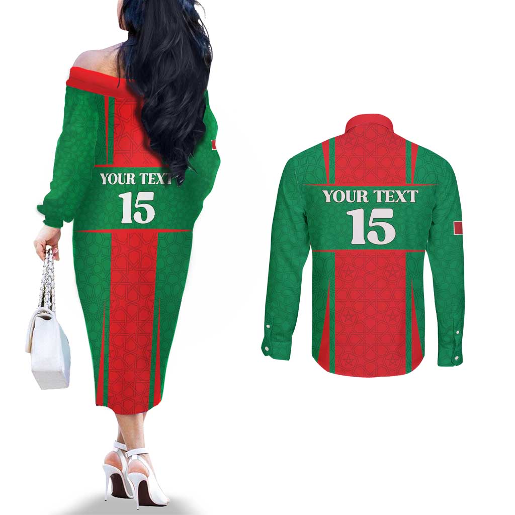 Custom Morocco Football Couples Matching Off The Shoulder Long Sleeve Dress and Long Sleeve Button Shirt Go Champions Atlas Lions - Red - Wonder Print Shop