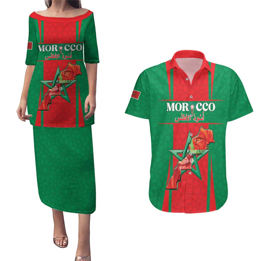 Custom Morocco Football Couples Matching Puletasi and Hawaiian Shirt Go Champions Atlas Lions - Red - Wonder Print Shop