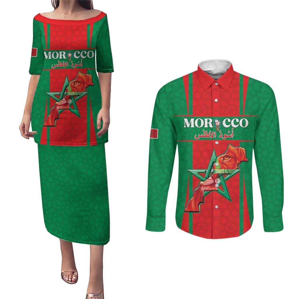 Custom Morocco Football Couples Matching Puletasi and Long Sleeve Button Shirt Go Champions Atlas Lions - Red - Wonder Print Shop