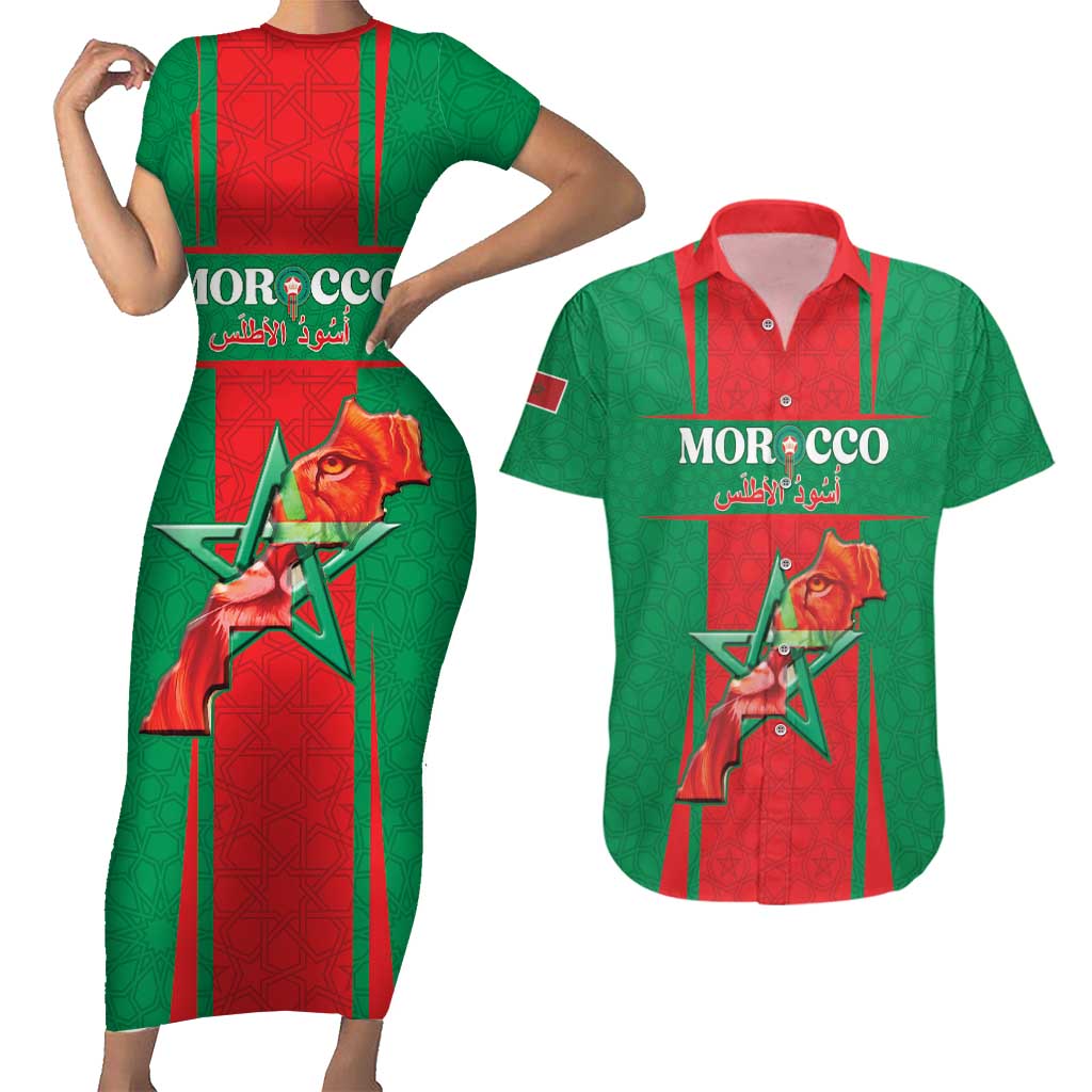 Custom Morocco Football Couples Matching Short Sleeve Bodycon Dress and Hawaiian Shirt Go Champions Atlas Lions - Red - Wonder Print Shop