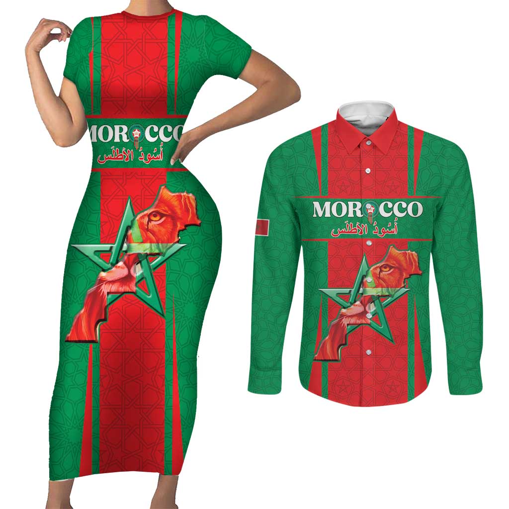 Custom Morocco Football Couples Matching Short Sleeve Bodycon Dress and Long Sleeve Button Shirt Go Champions Atlas Lions - Red - Wonder Print Shop