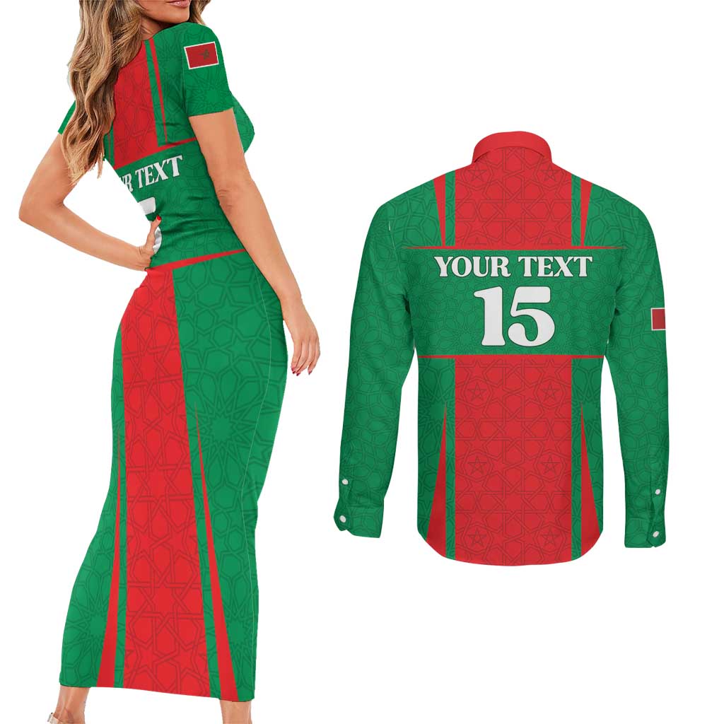 Custom Morocco Football Couples Matching Short Sleeve Bodycon Dress and Long Sleeve Button Shirt Go Champions Atlas Lions - Red - Wonder Print Shop