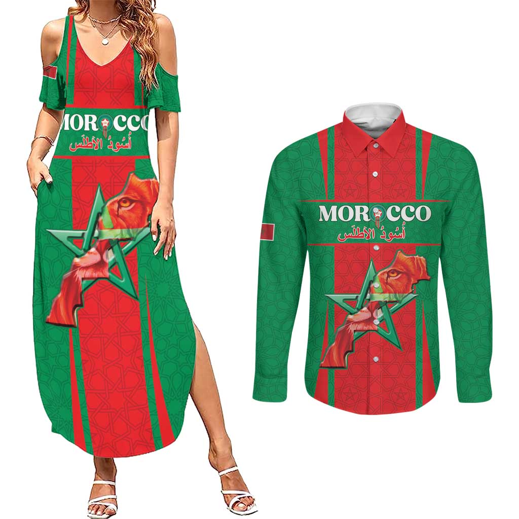 Custom Morocco Football Couples Matching Summer Maxi Dress and Long Sleeve Button Shirt Go Champions Atlas Lions - Red - Wonder Print Shop