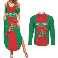 Custom Morocco Football Couples Matching Summer Maxi Dress and Long Sleeve Button Shirt Go Champions Atlas Lions - Red - Wonder Print Shop