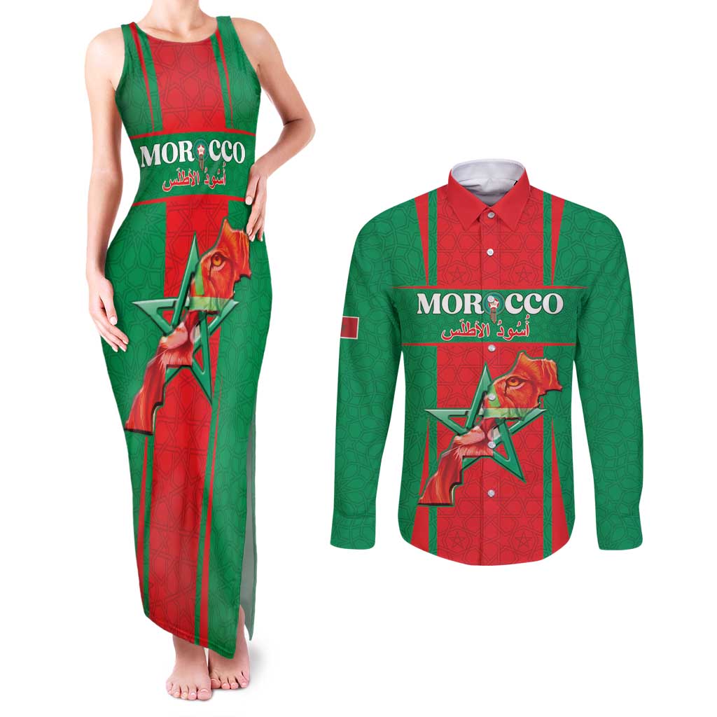 Custom Morocco Football Couples Matching Tank Maxi Dress and Long Sleeve Button Shirt Go Champions Atlas Lions - Red - Wonder Print Shop
