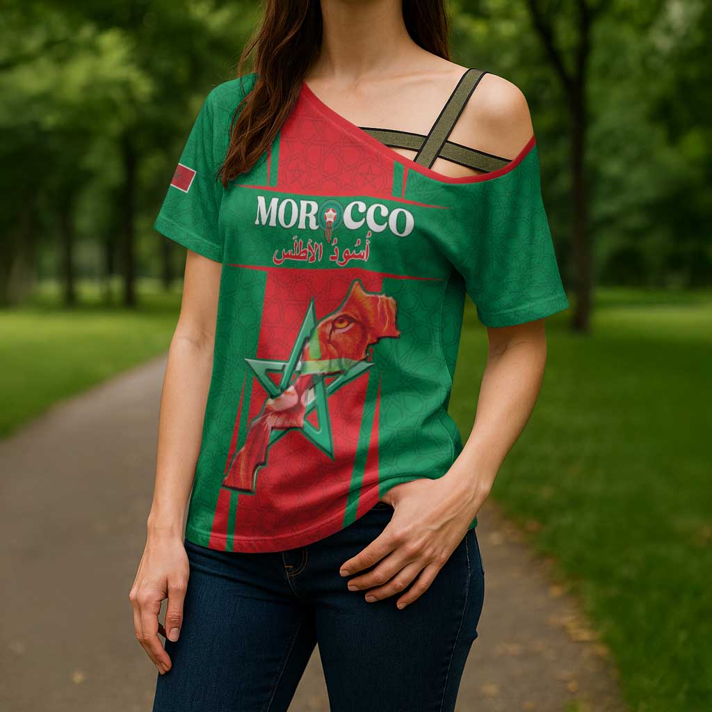 Custom Morocco Football Cross Shoulder Shirt Go Champions Atlas Lions - Red - Wonder Print Shop