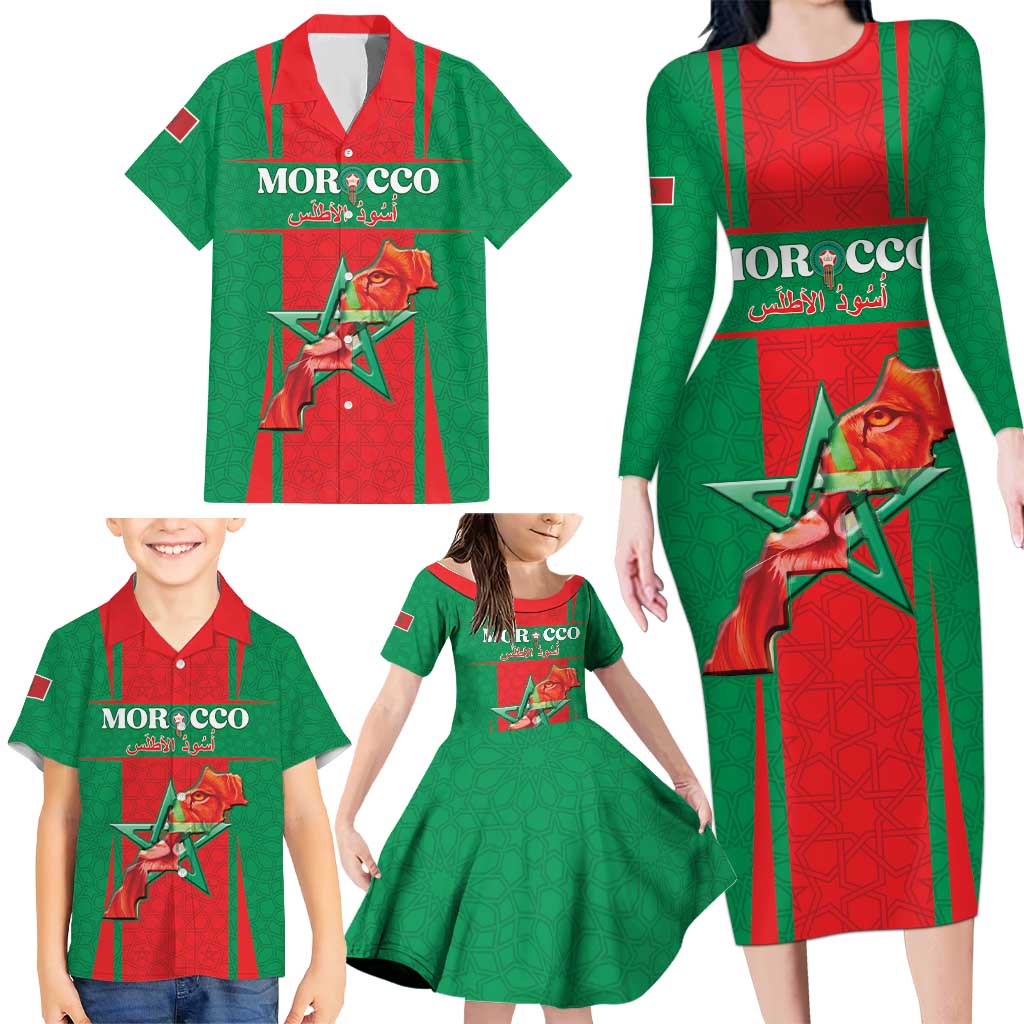 Custom Morocco Football Family Matching Long Sleeve Bodycon Dress and Hawaiian Shirt Go Champions Atlas Lions - Red - Wonder Print Shop