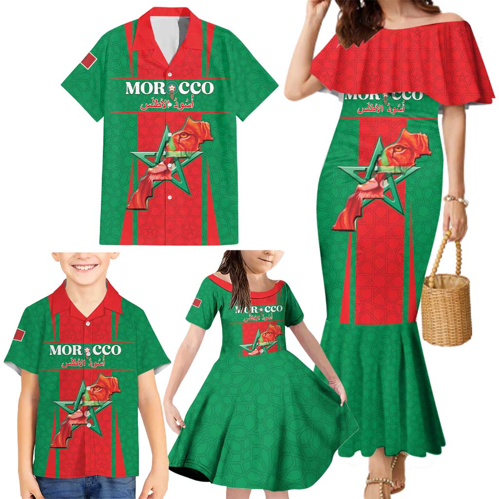 Custom Morocco Football Family Matching Mermaid Dress and Hawaiian Shirt Go Champions Atlas Lions - Red - Wonder Print Shop