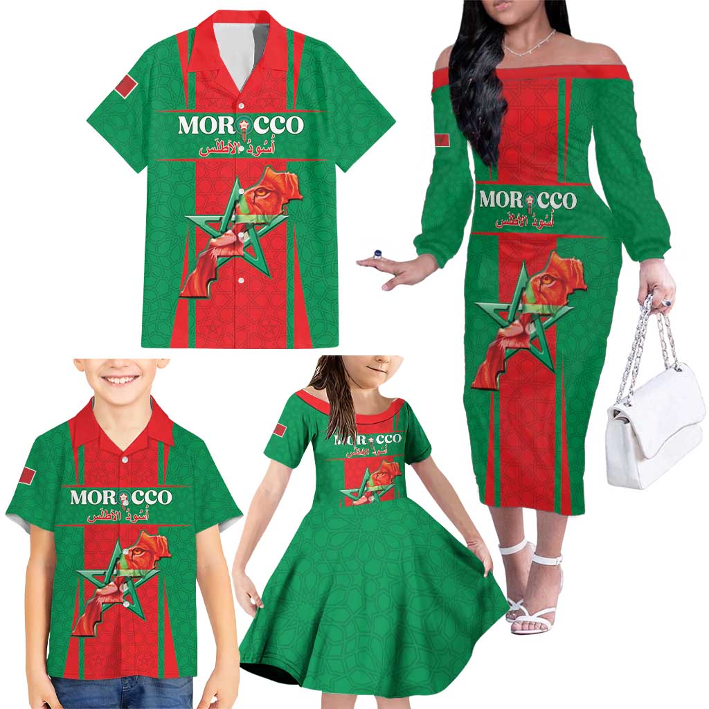 Custom Morocco Football Family Matching Off The Shoulder Long Sleeve Dress and Hawaiian Shirt Go Champions Atlas Lions - Red - Wonder Print Shop