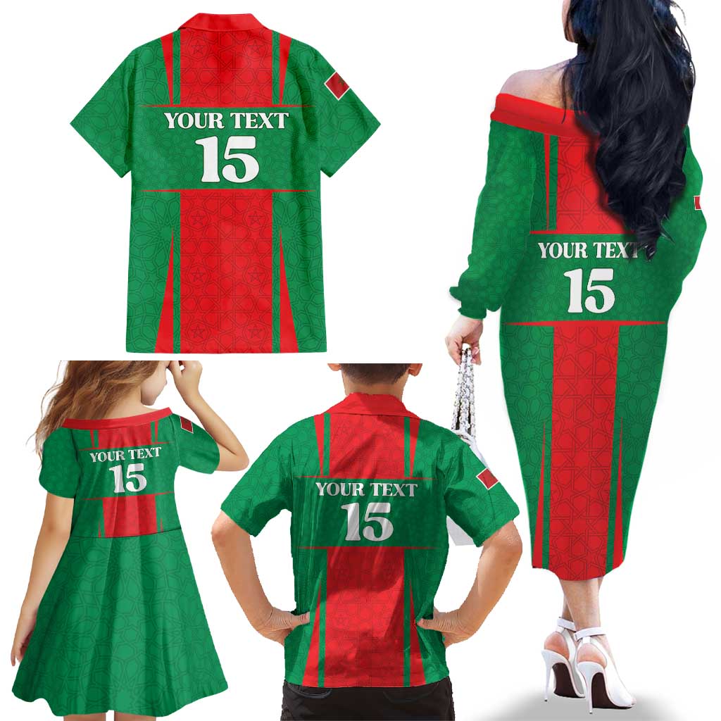 Custom Morocco Football Family Matching Off The Shoulder Long Sleeve Dress and Hawaiian Shirt Go Champions Atlas Lions - Red - Wonder Print Shop