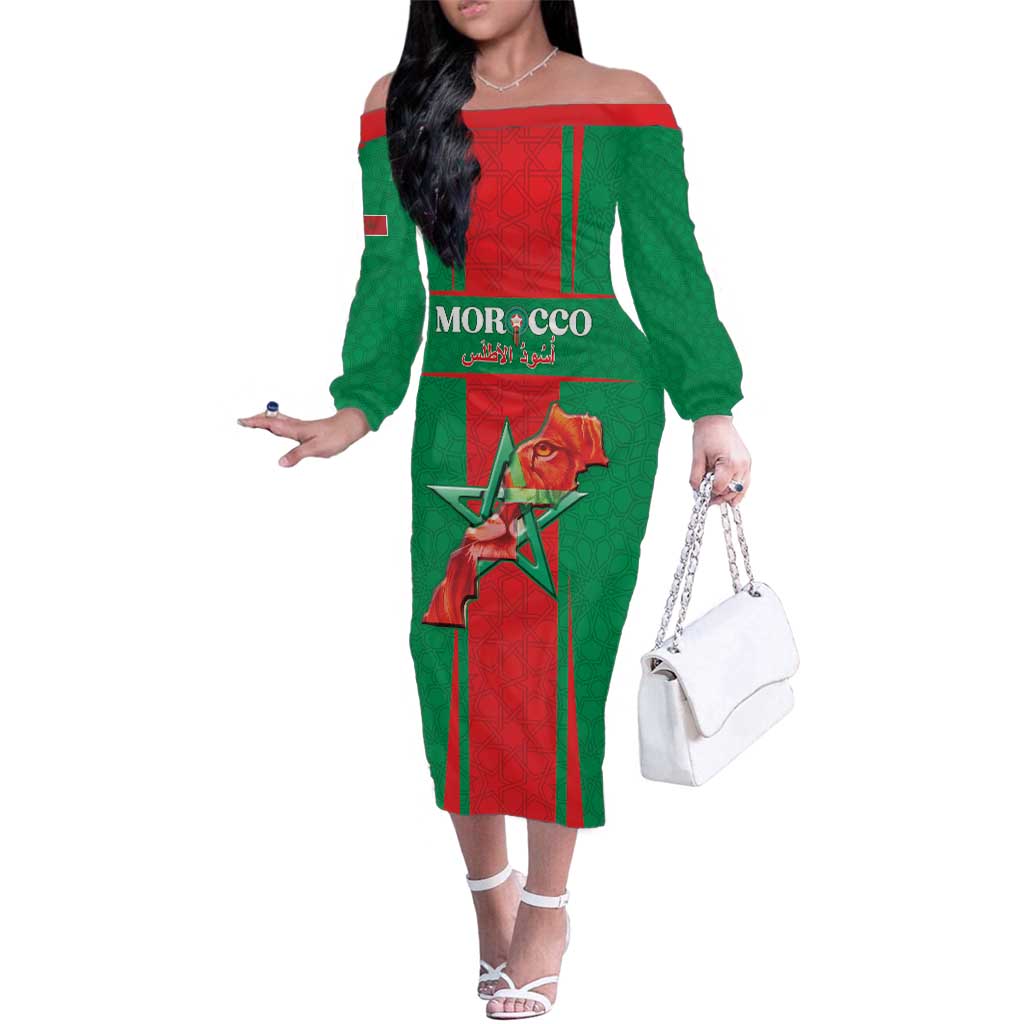 Custom Morocco Football Family Matching Off The Shoulder Long Sleeve Dress and Hawaiian Shirt Go Champions Atlas Lions - Red - Wonder Print Shop