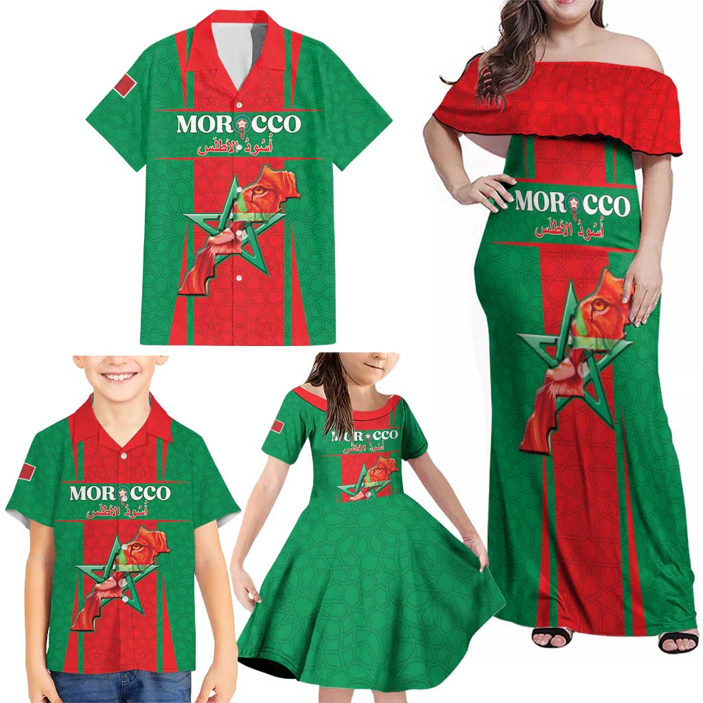 Custom Morocco Football Family Matching Off Shoulder Maxi Dress and Hawaiian Shirt Go Champions Atlas Lions - Red - Wonder Print Shop
